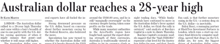 Australian dollar reaches a 28-year high. - Quelle: Wall Street Journal Europe, 15.10.2010, S. 4.