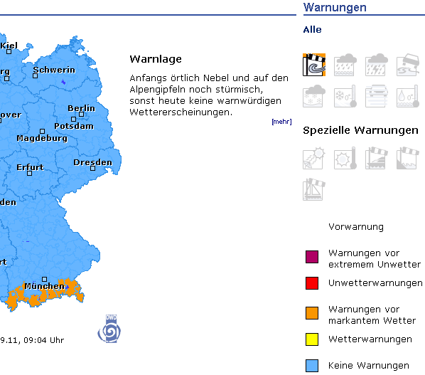 Deutscher Wetterdienst's warning map with legend