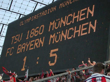 Scoreboard in the Munich Olympic Stadium: TSV 1860 Munich - FC Bayern Munich 1:5