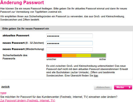 Änderung Passwort/Sicherheitsstufe des Passworts. Quelle: t-mobile.de.