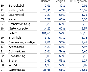 Verkäufe in einem Baumarkt, Top 15 sortiert nach Marge.