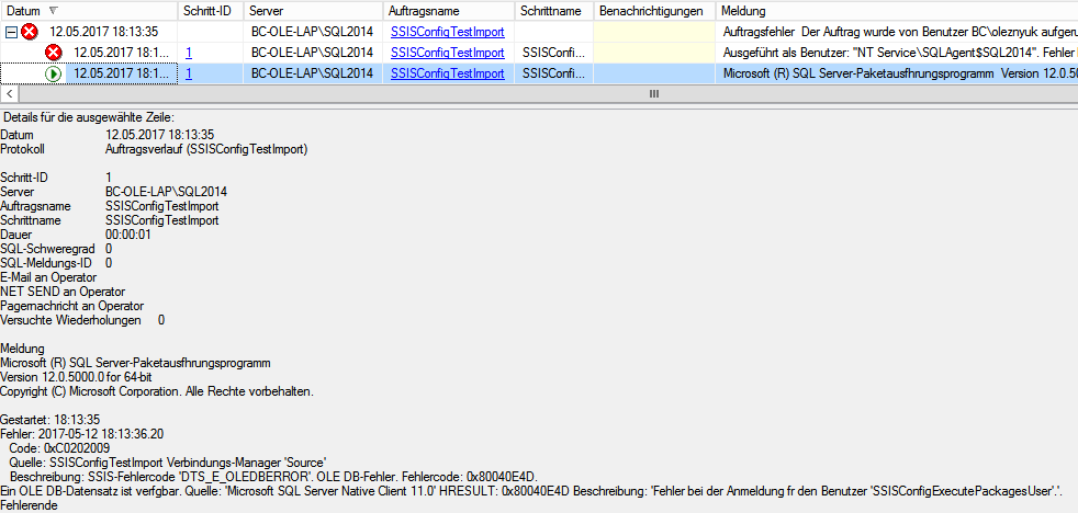 Abbildung 9 SQL Server Protokoll nach einer fehlerhaften Auftragsausführung