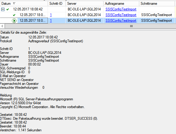 Abbildung 8 SQL Server Protokoll nach einer erfolgreichen Auftragsausführung