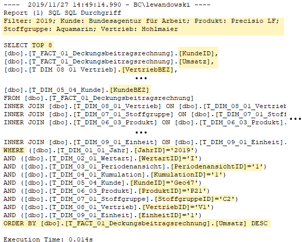 Erzeugte SQL-Abfrage des SQL-Durchgriffs