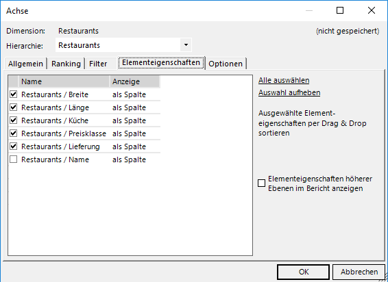 Einstellungen zur Anzeige von Elementeigenschaften