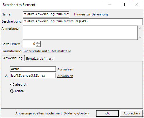 Berechnetes Element mit relativer Abweichung des aktuellen Monats zum Maximum der vorhergehenden drei Werte