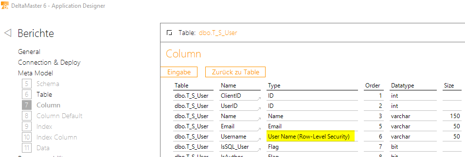 Markierung der „User Name“-Spalte im DeltaMaster Application Designer.