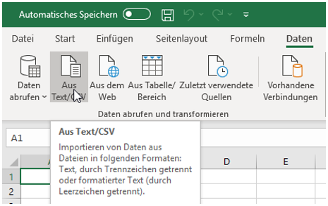 Funktion für den Import von CSV-Dateien in Excel