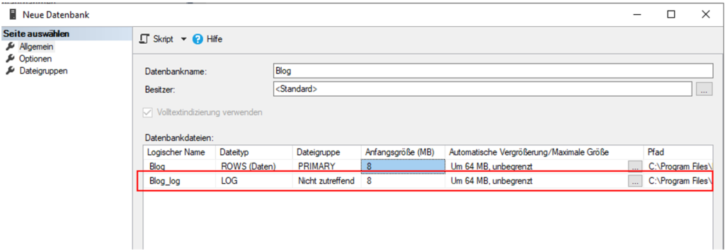 SQL-Server-Transaktionsprotokoll - Einrichtung einer Datenbank im Management Studio