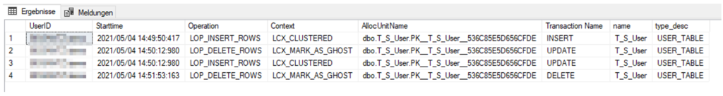 Transaction Log - Ergebnis der Skript-Abfrage des Transaktionsprotokolls