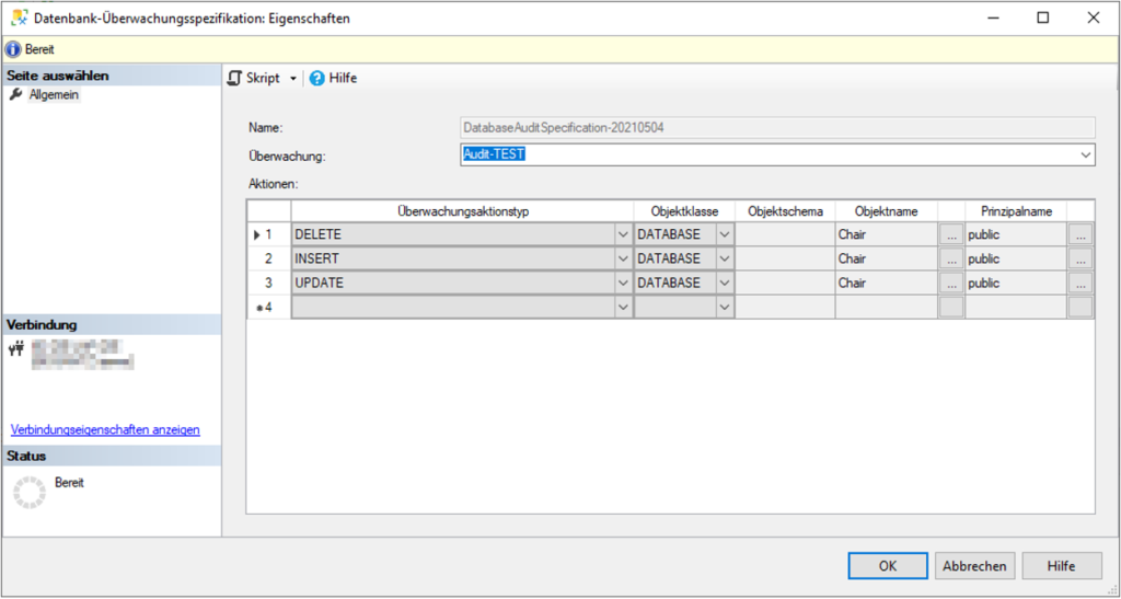 SQL Server Audit - Einrichtung einer Datenbank-Überwachungsspezifikation zur Änderungsnachverfolgung