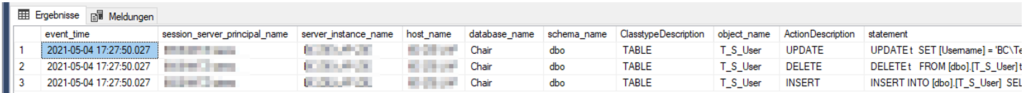 Änderungsnachverfolgung im SQL Server - Ergebnis der Abfrage des Überwachungsprotokolls