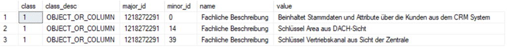 Ergebnis der Abfrage der Extended Properties mit Parameter