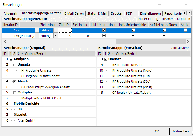 Vorschau mit dem ersten Eintrag, zweiter Eintrag inaktiv