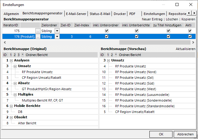 Der Berichtsmappengenerator hat die Berichte vor dem Comparator-Bericht eingefügt.