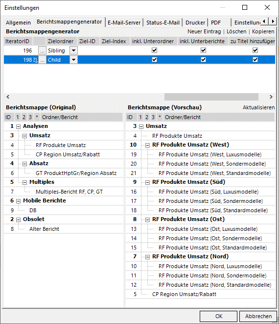 Jeweils 3 Produkthauptgruppen pro Regions-Ordner im Berichts­mappen­generator