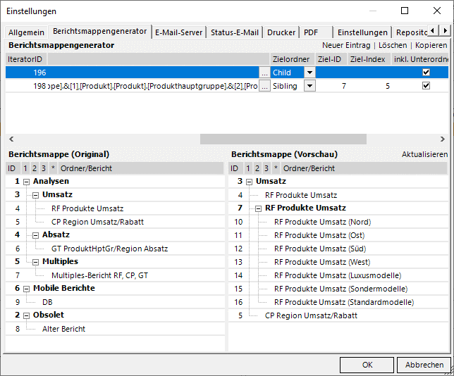 Berichte der Regionen und der Produkthauptgruppen in einem Ordner