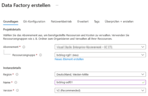 Parameter für die Erstellung einer ADF in Azure