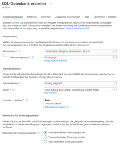 Parameter für die Erstellung einer Azure-SQL-Datenbank