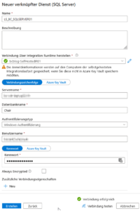 Erstellung eines neuen Linked Services für SQL Server