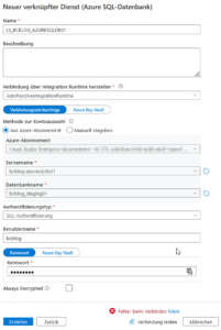 Erstellung eines neuen Linked Service für die Azure-SQL-Datenbank