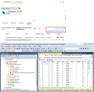 Ausgabe der Debug-Aus­füh­rung und im­por­tierte Daten in Azure-SQL-Datenbank