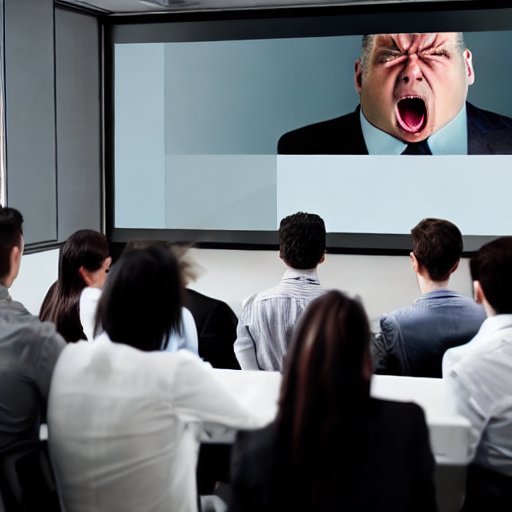 Many business people in a conference room look at a big screen depicting their angry boss