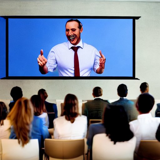 Künstliche Intelligenz kreativ: Many business people in a conference room look at a big screen depicting their boss in good mood