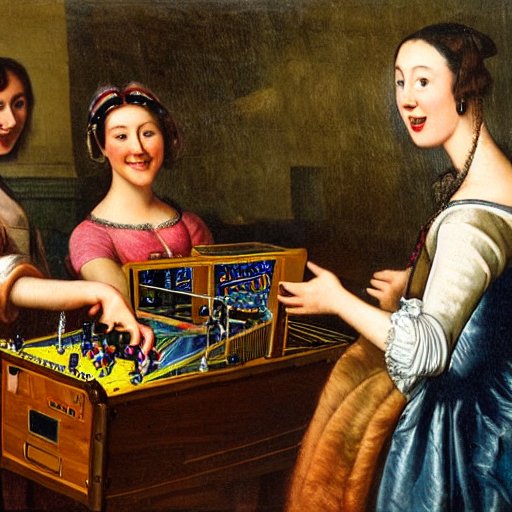 Künstliche Intelligenz kreativ: Smiling young woman plays pinball with friends, 17th century