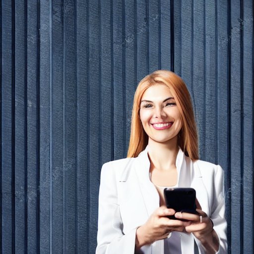 Künstliche Intelligenz kreativ: Business woman, very happy with her mobile phone