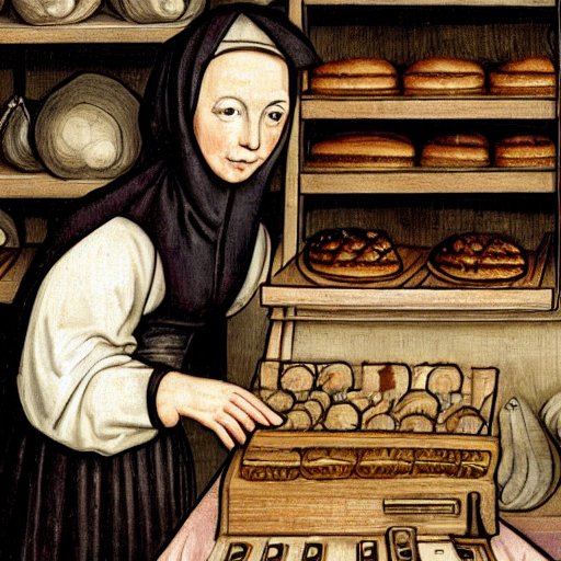 Künstliche Intelligenz kreativ: Woman in a bakery uses cash register, art like 15th century