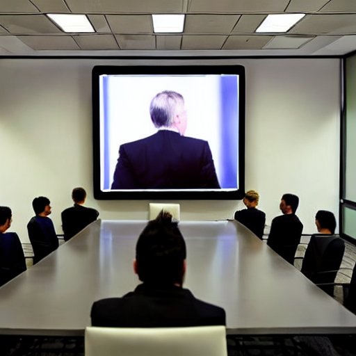 Künstliche Intelligenz kreativ einsetzen: Many business people in a conference room look at a big screen depicting their boss