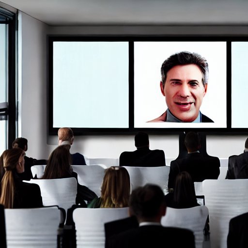 Many business people in a conference room look at a big screen depicting their boss