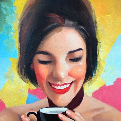 Modern smiling young woman holds cup of coffee with both hands, art déco, oil painting