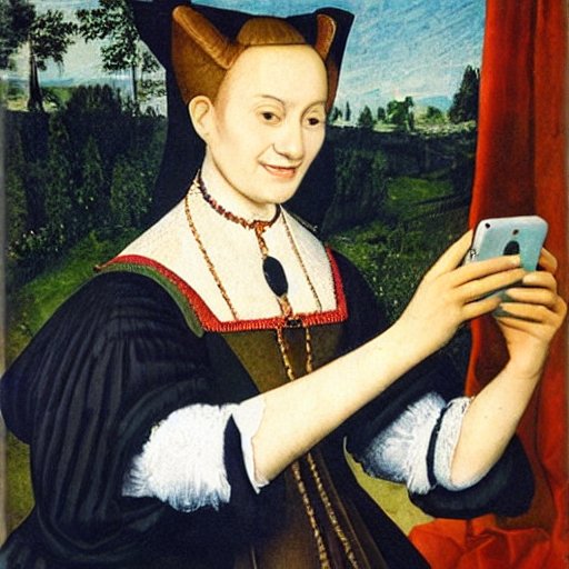 Smiling woman makes selfie with her mobile phone, 16th century