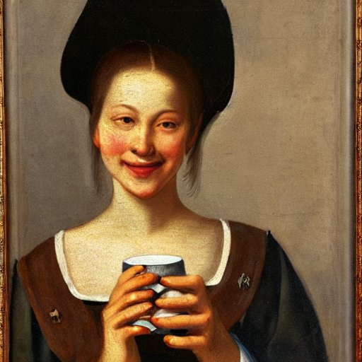 Smiling young woman holds cup of coffee with both hands, 17th century, soft oil painting