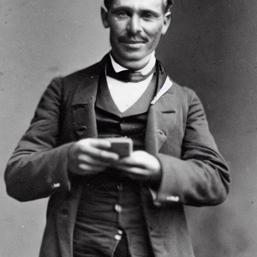 Successful business man very happy with his mobile phone, 19th century