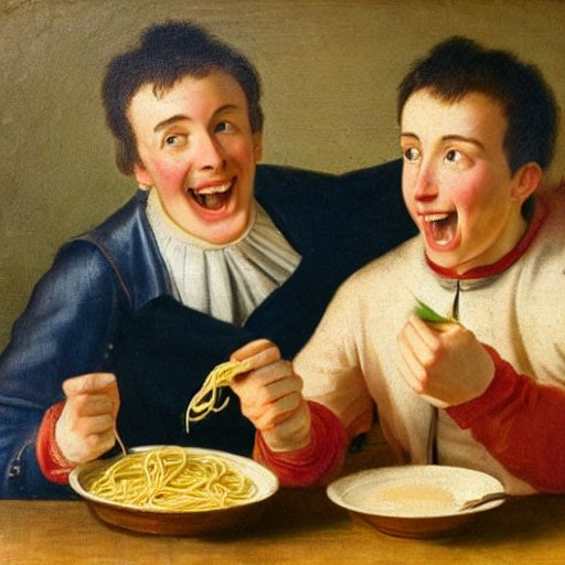 Two smiling young men enjoy spaghetti, 18th century