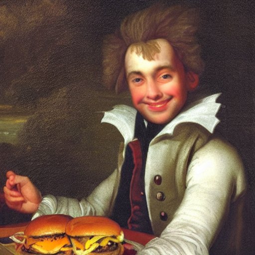 Young man enjoys tasty burger, 18th century