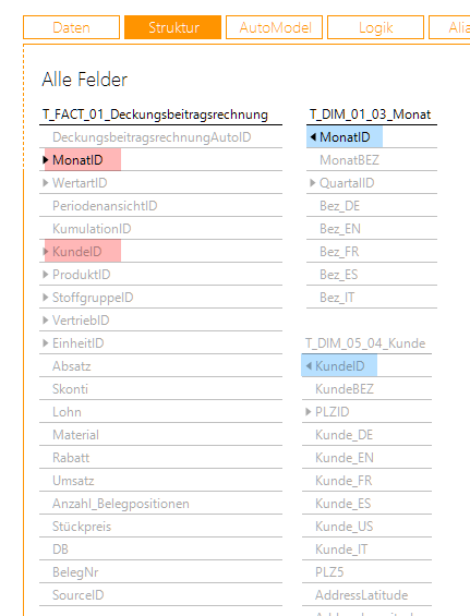 Der SQL-Durchgriff braucht die Schlüsselfelder aus den Dimensionstabellen (mit Blau hinterlegt)