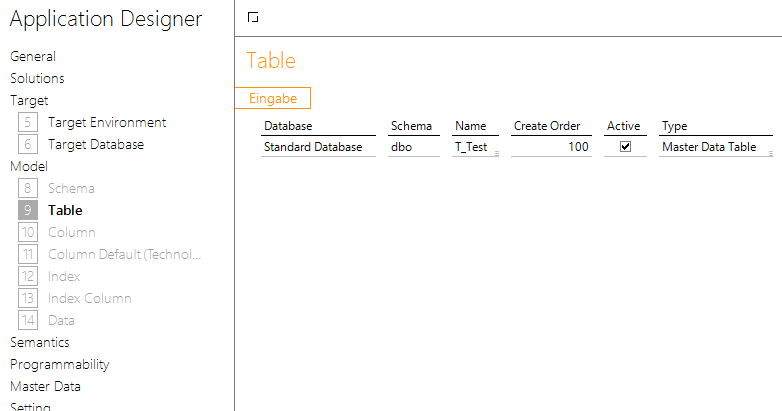 Erzeugung der Tabelle T_Test im Application Designer