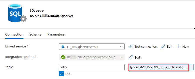 Verbindungsansicht des SQL-Server-Datasets