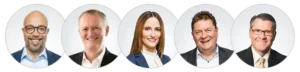 KI im Business Intelligence: fünf Portraitfotos unseres KI-Teams für KI-Strategiegespräche als Kreise angeordnet