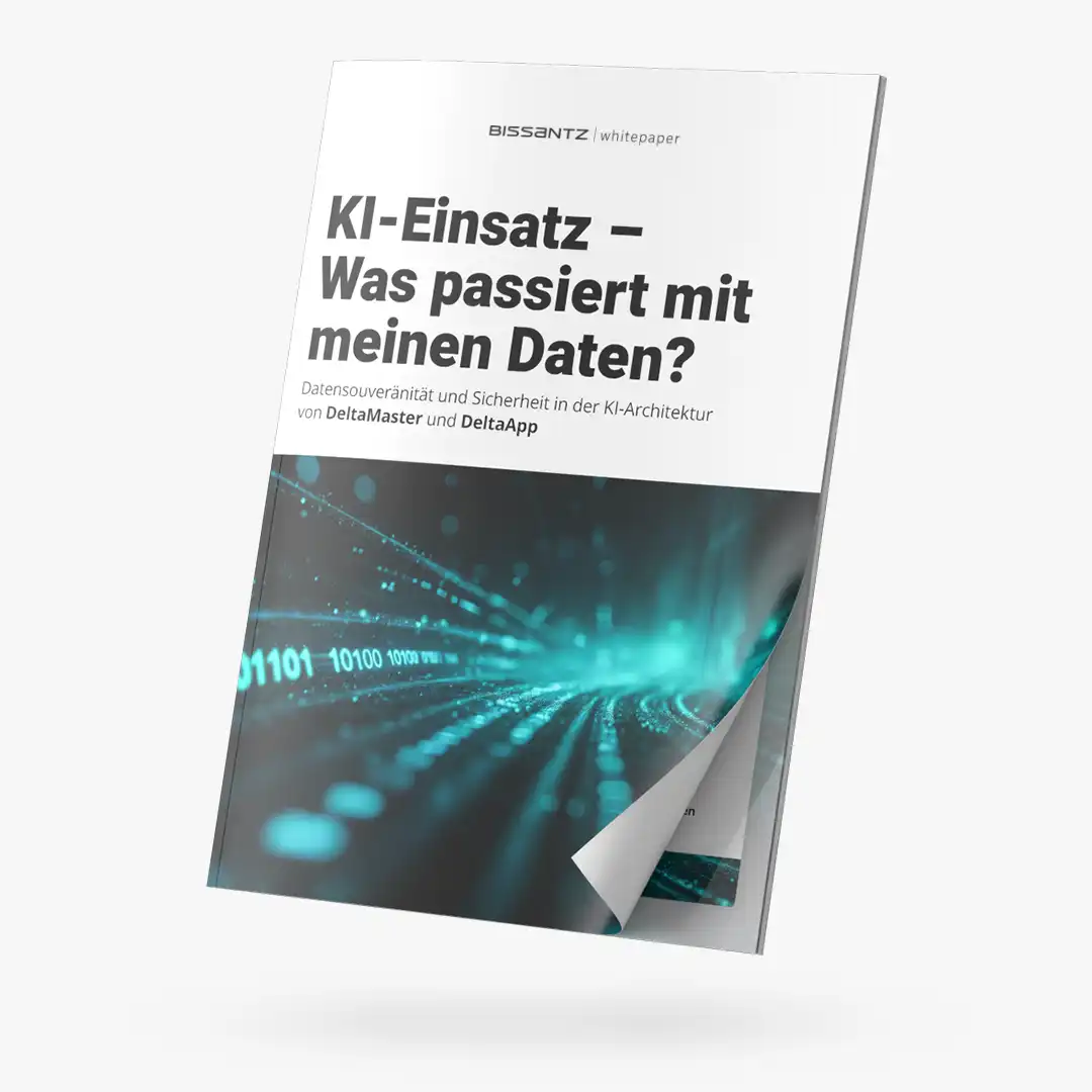 Was passiert mit meinen Daten? Whitepaper zur Datensouveränität und Sicherheit in der KI-Architektur von DeltaMaster und DeltaApp. Vorschau des Whitepapers im Broschürenformat.