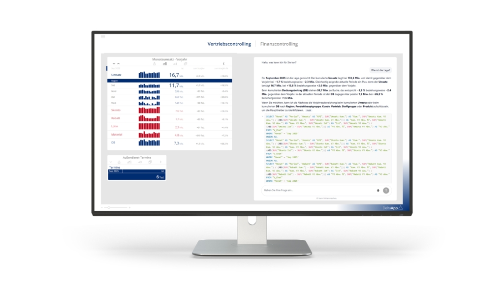 Compliance und Transparenz beim Einsatz von KI im Business Intelligence. Die Abbildung zeigt einen Audit Trail im DeltaChat der DeltaApp von Bissantz & Company. Quelleninformation der KI stellen Transparenz und Nachvollziehbarkeit für Controlling und Management sicher.