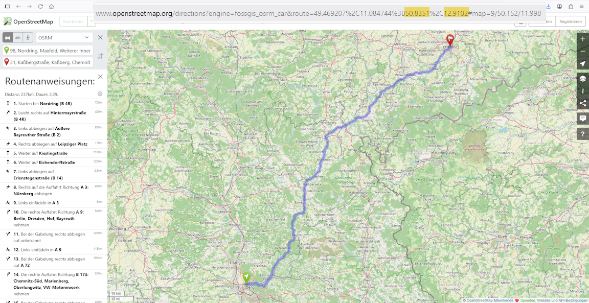 Routenvorschlag von Openstreetmap