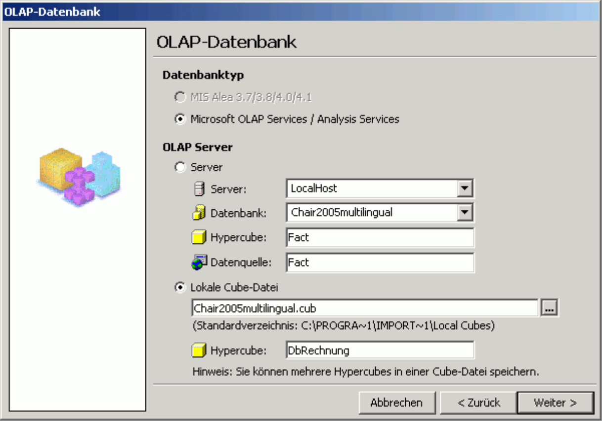 Wahl des OLAP Server im Fenster OLAP-Datenbank