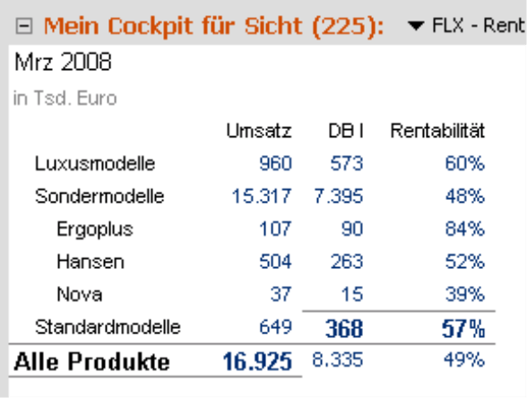 Flexreport - Rentabilität nach Produktgruppen, März 2008 mit Formatierung der ersten beiden Spalten