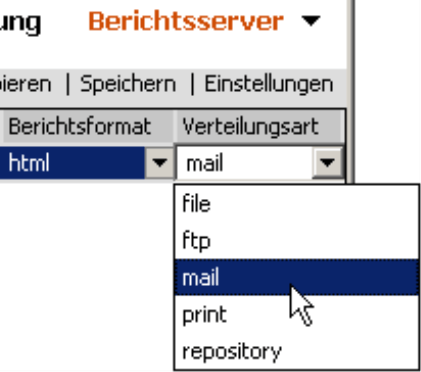 Auswahl der Verteilungsart (file, ftp, mail, print oder repository) im Berichtsserver