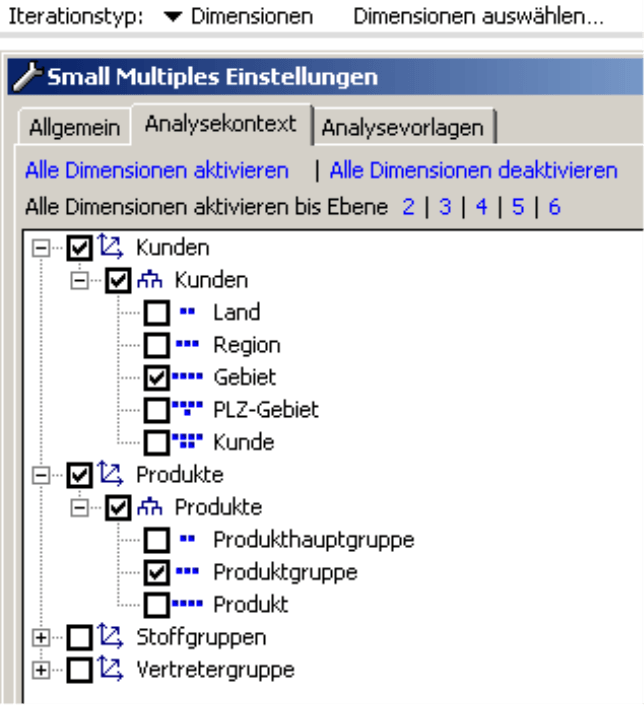 Auswahl der Dimensionen auf der Registerkarte Analysekontext in den Small Multiples Einstellungen